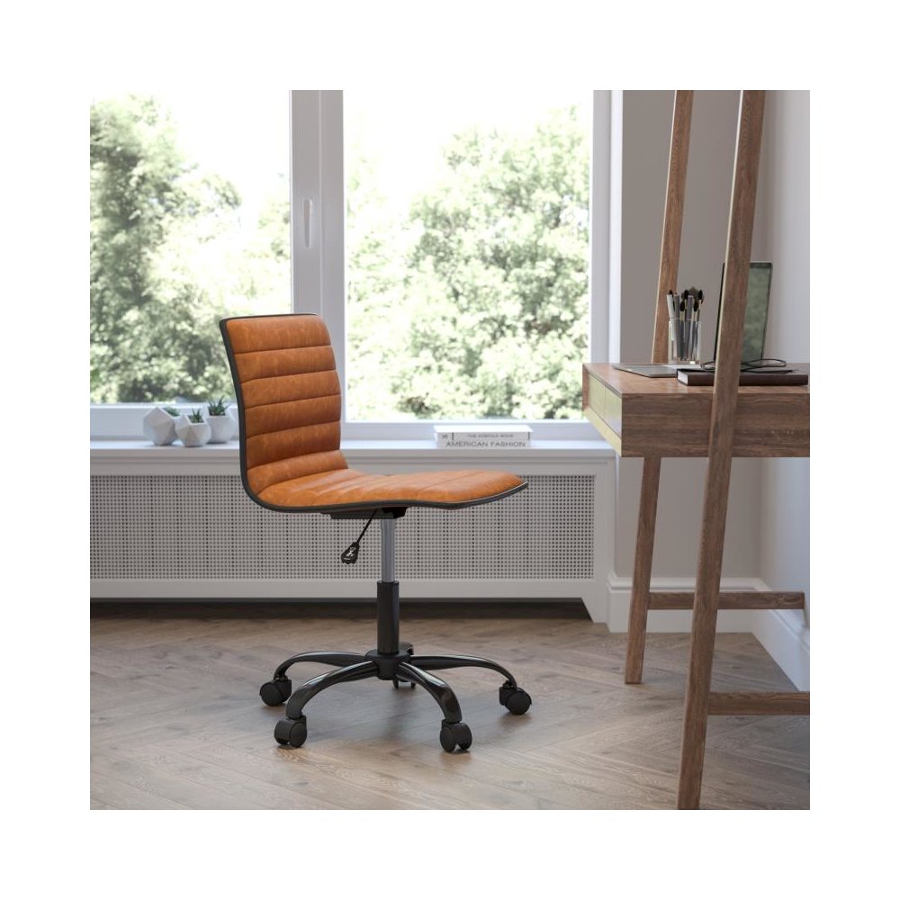 Low Back Designer Armless Brown Ribbed Swivel Task Office Chair with Black Frame and Base