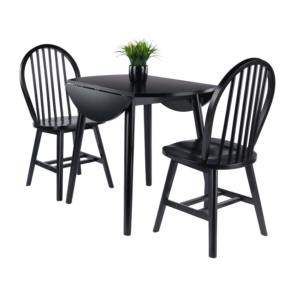 Moreno 3-Pc Drop Leaf Dining Table with Windsor Chairs, Black