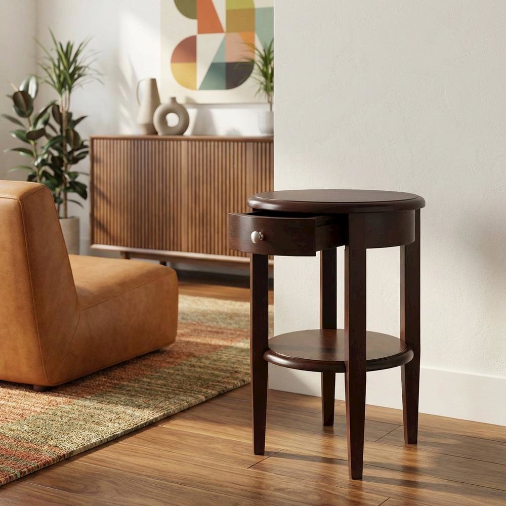 Farmhouse Solid Wood End Table With Drawer For Living Room