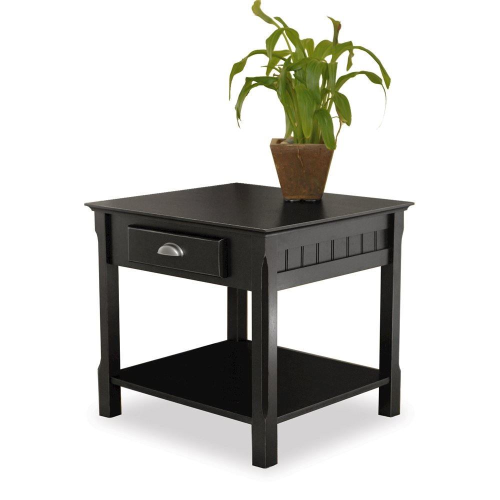 Side Table, Black End Table, Drawer and Shelf, Square Furniture