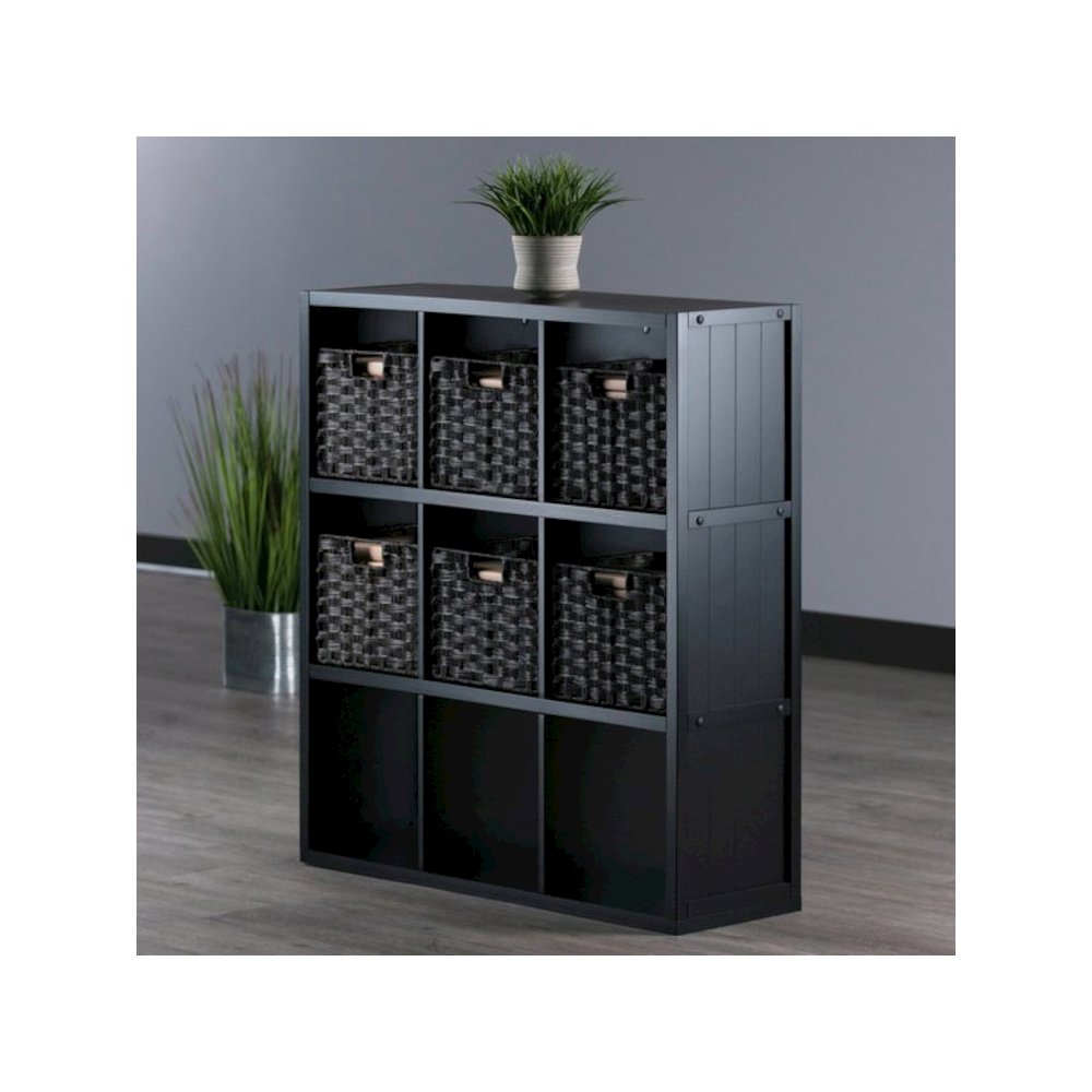7-Pc 3x3 Storage Shelf with 6 Foldable Woven Baskets, Black and Chocolate