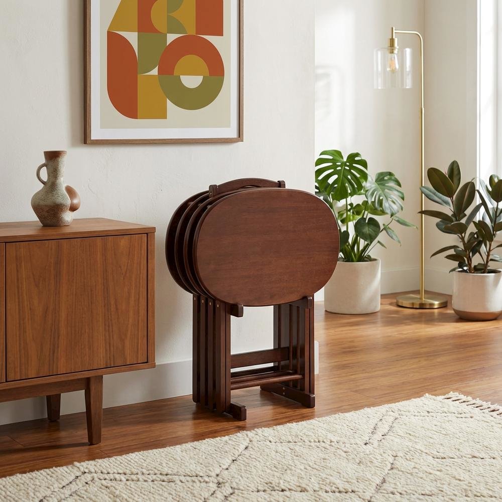Solid Wood Brown 5 Piece TV Trays Set With 4 Folding Tables And Stand