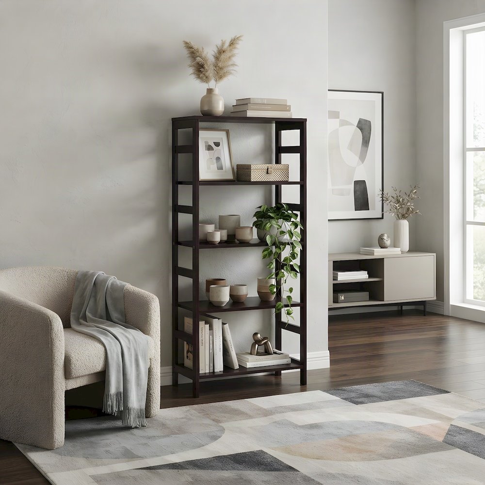 Contemporary Solid Wood 4-Tier Bookcase with Open Free Standing Shelf, Espresso