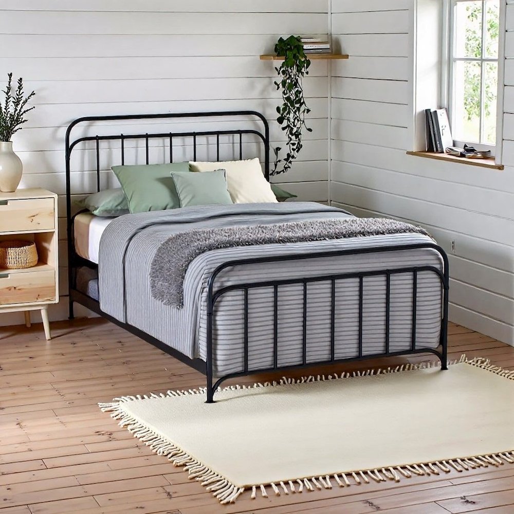 Rustic Black Metal Bed Frame with Full Size Headboard and Footboard