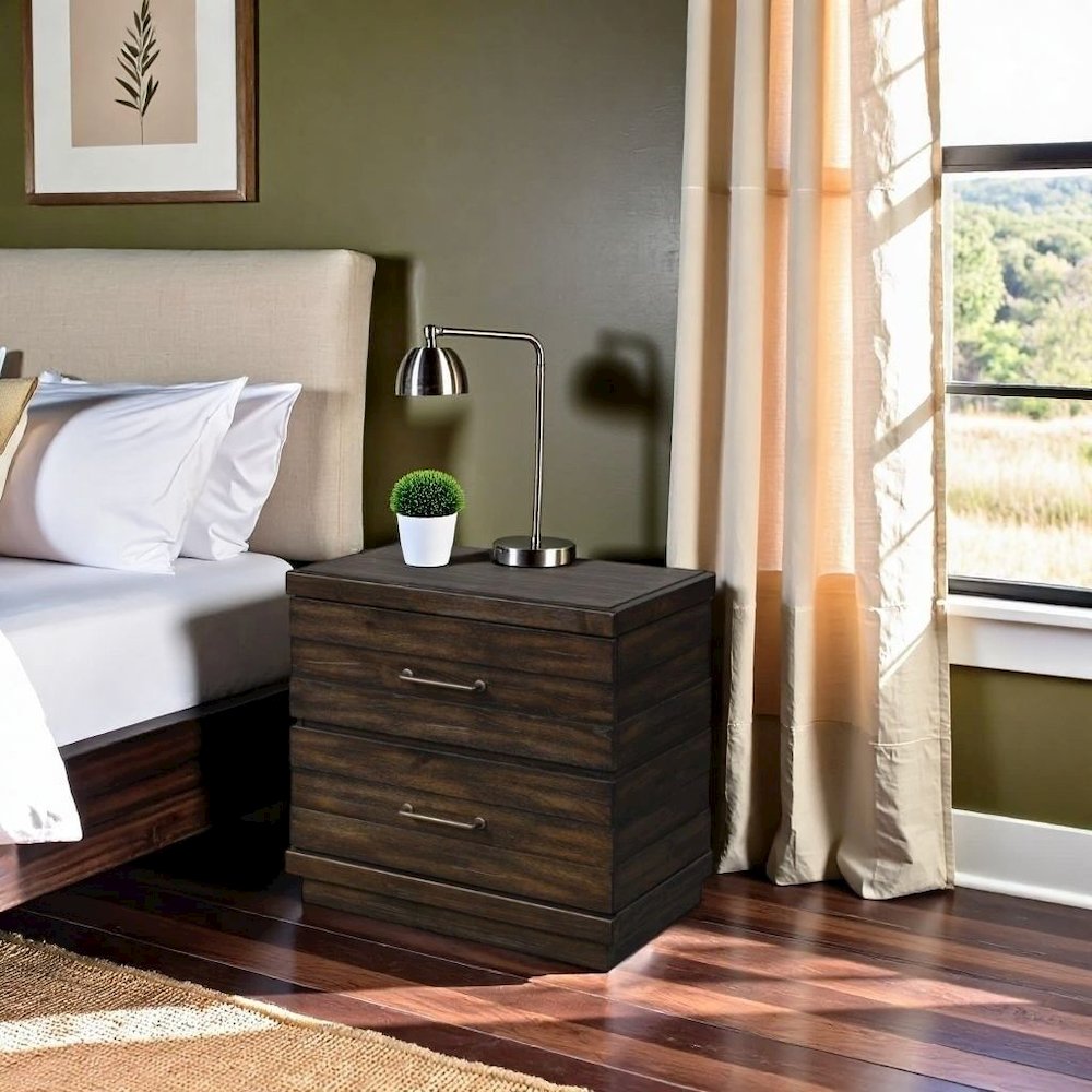 Distressed Wood Nightstand, Dark Brown 2 Drawers Bedroom Accent Table
