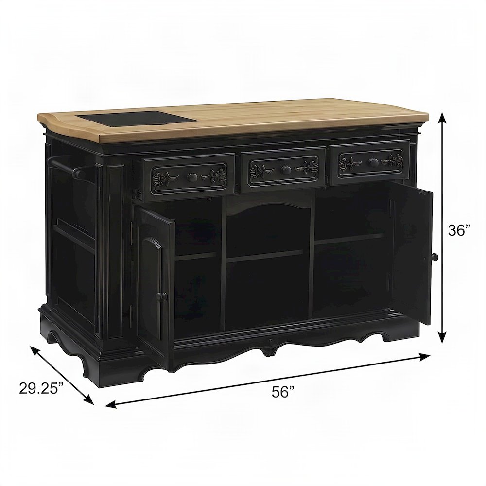 Acacia Butcher Block Kitchen Island with Storage and Drawers, Black