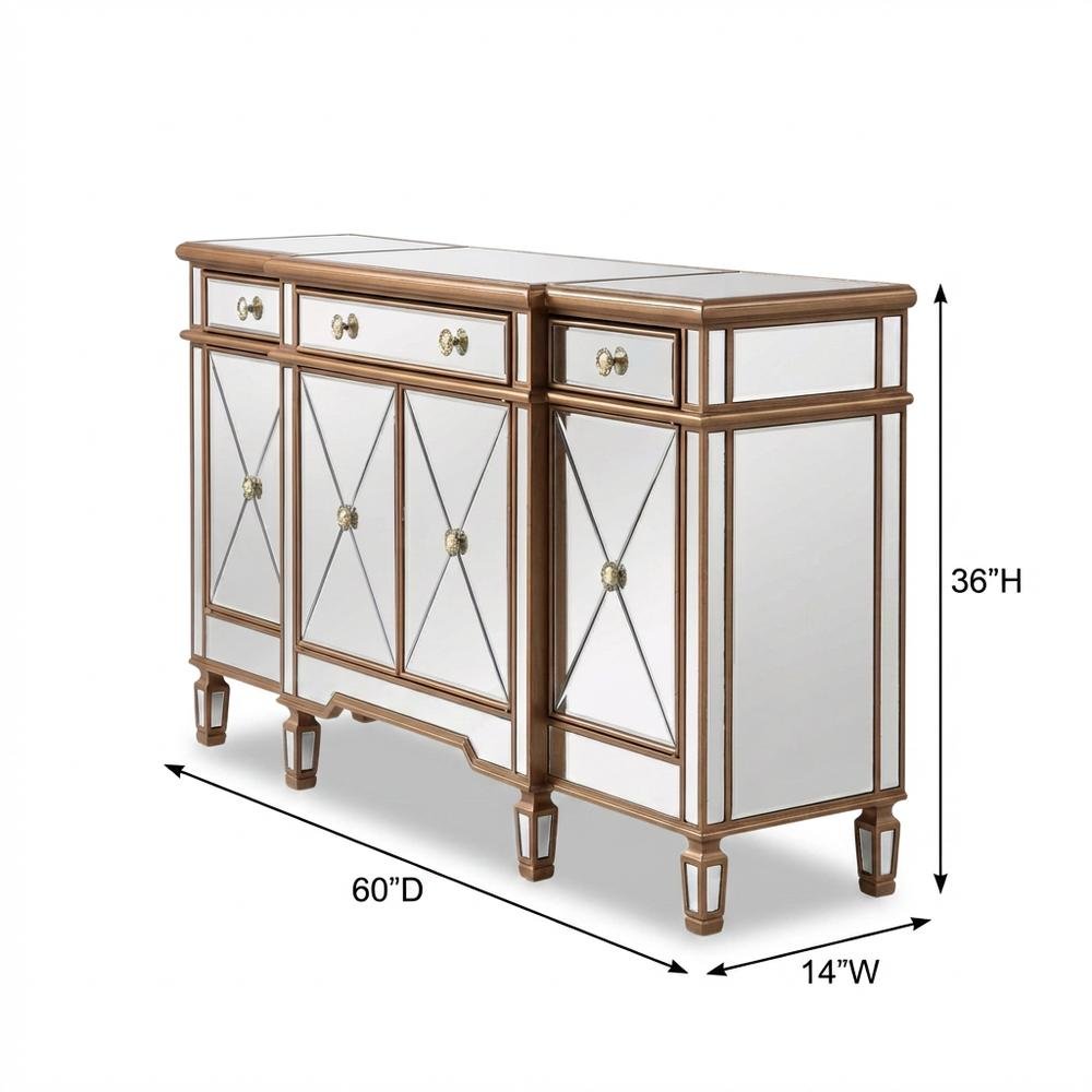 Gold Credenza with 3 Drawer and 4 Door Storage, Modern Design