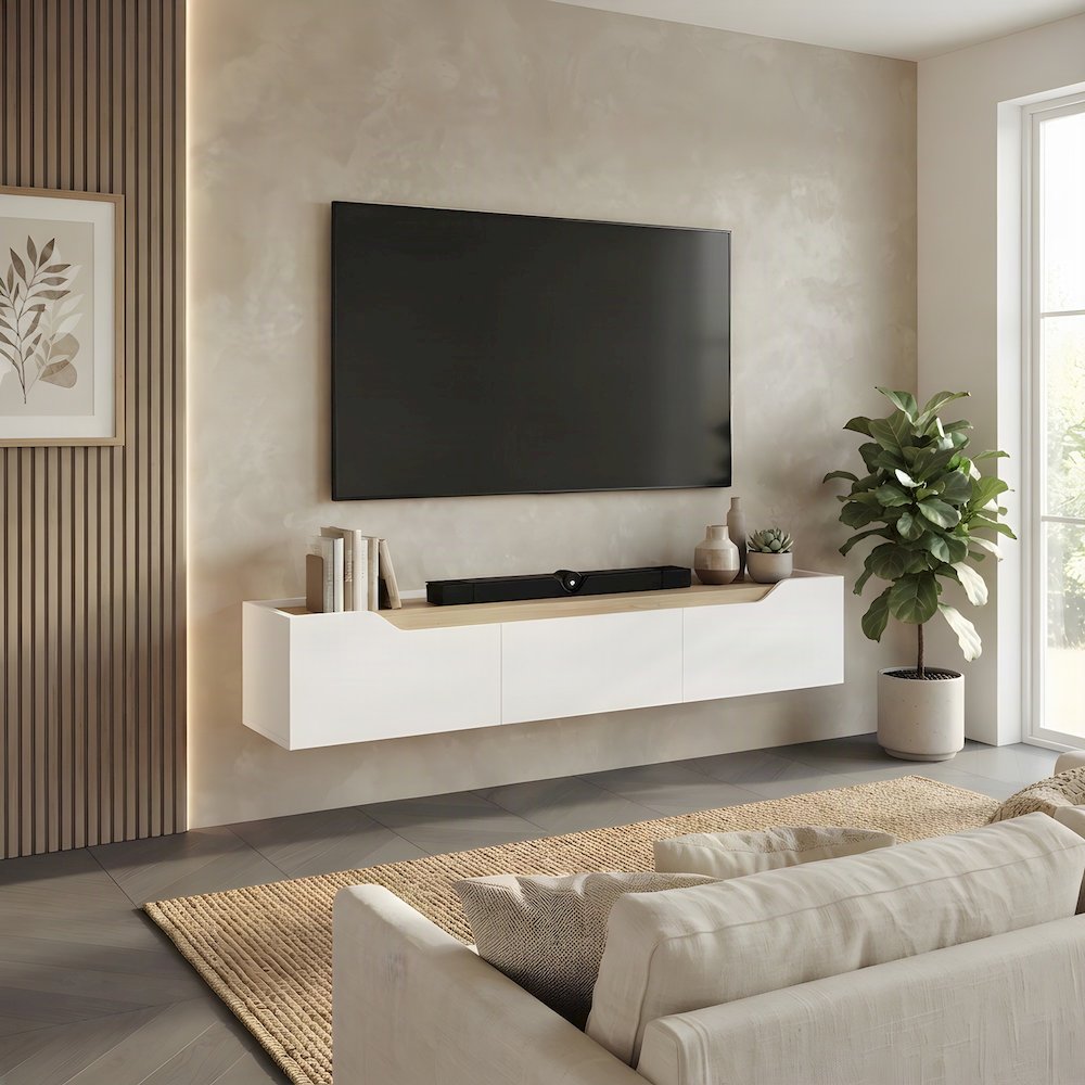 Engineered Wood Floating TV Stand, Wall Mounted Entertainment Center, White/Oak
