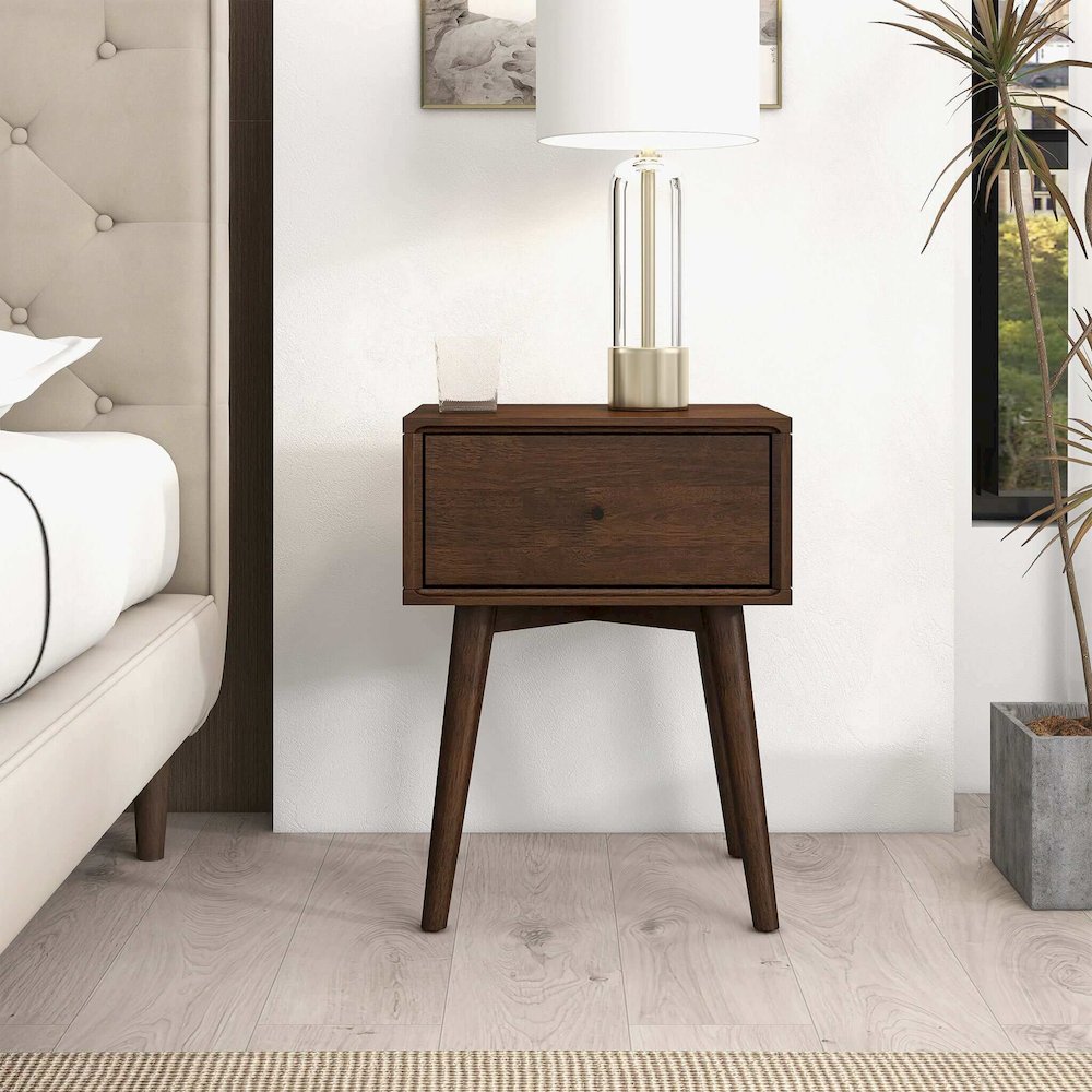 Avery Solid Wood Walnut Night Stand with Single Drawer