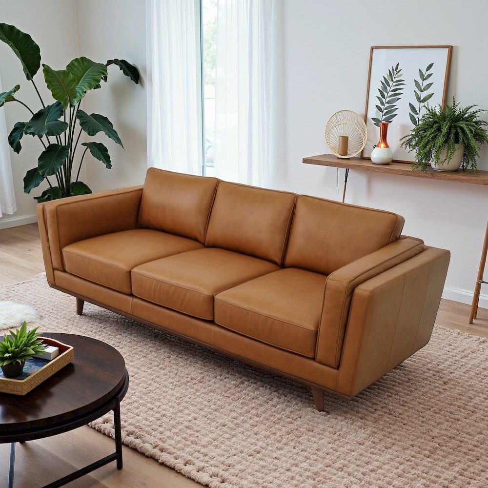 Chase Mid Century Modern Genuine Leather Sofa