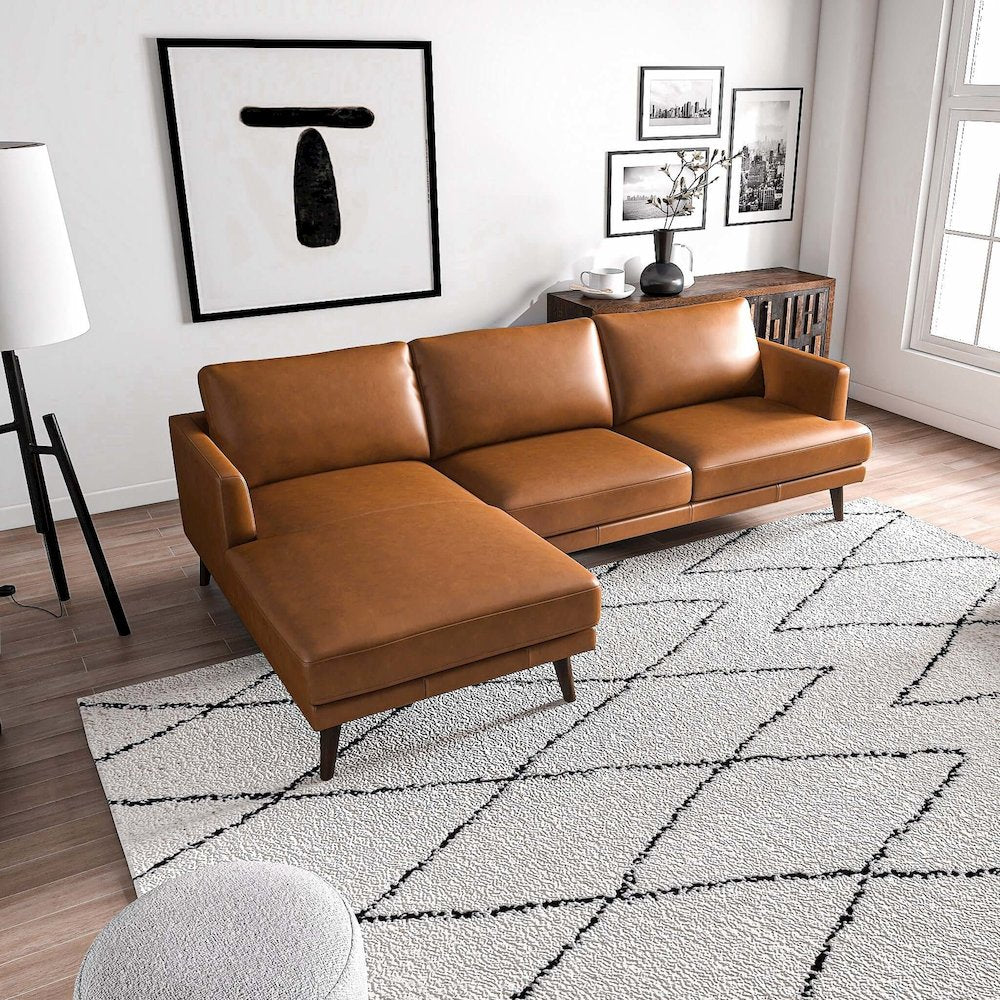 Lore L-Shaped Genuine Leather Sectional In Tan Left Facing