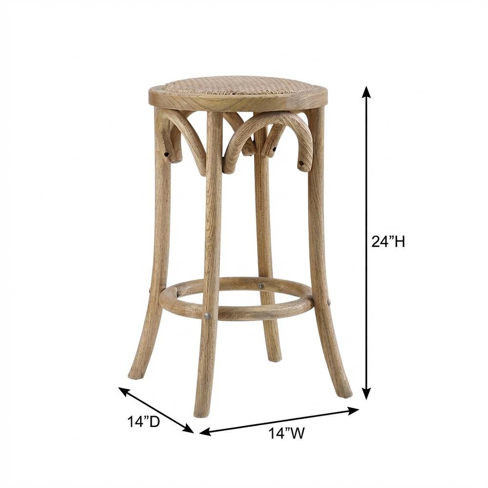 Elm Wood Counter Stool with Rattan Seat Backless Design, Brown Finish