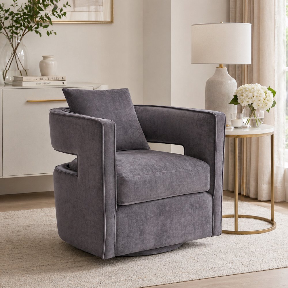 Grey Swivel Chair with Adjustable Seat Height and Fiber-Wrapped Foam Cushions