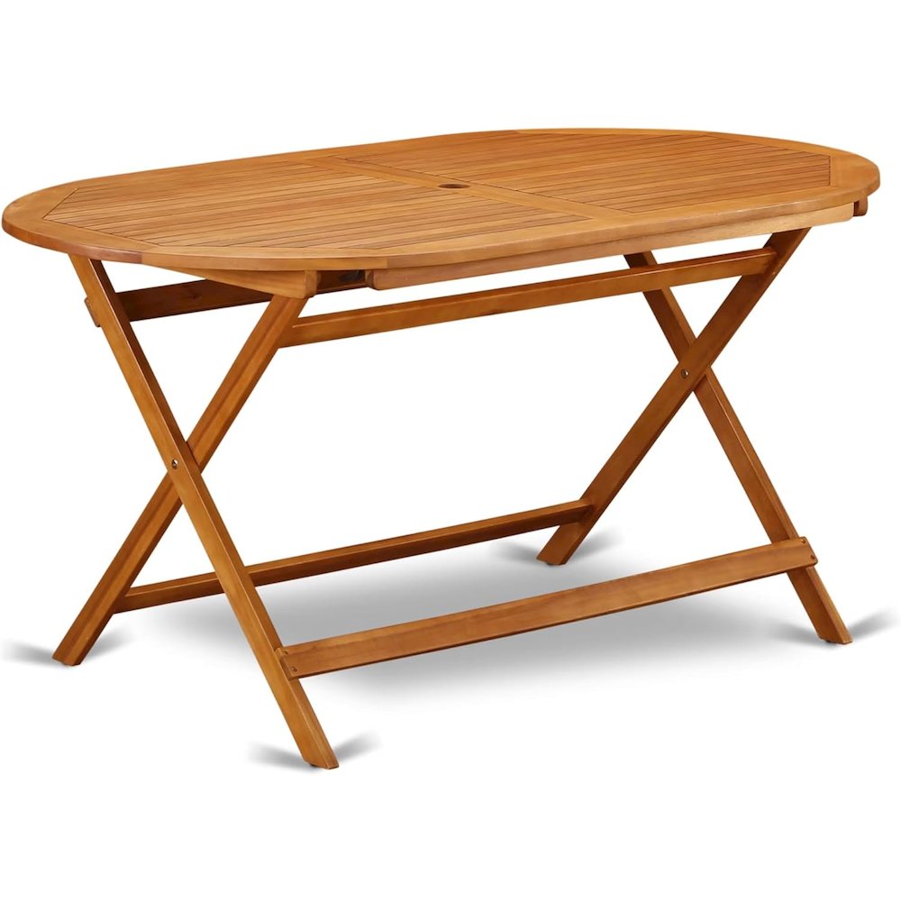 East West Furniture DIDK7CWNA 7-Piece Outdoor Table Set- 6 Outdoor Folding Chairs Slatted Back and Patio Table and Round Top with Wood 4 legs - Natural Oil Finish