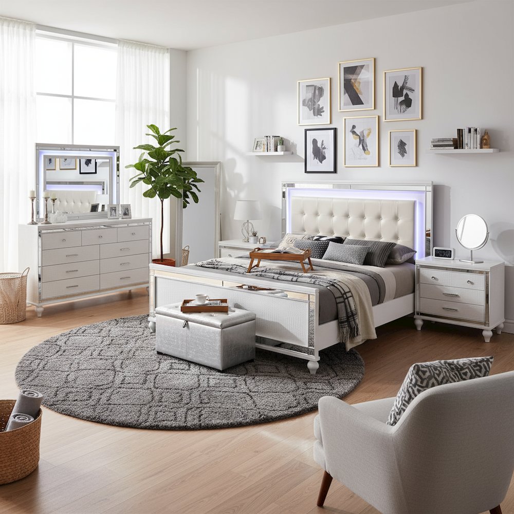 Modern White Bedroom Furniture Set Queen Size 4 Piece with Bed and Storage