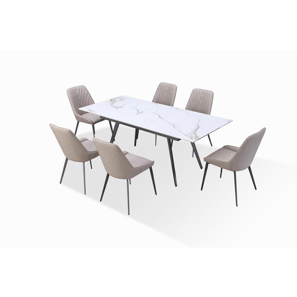 Extendable Stone Top Metal Leg Dining Table in Polished Cappuccino and Gunmetal
