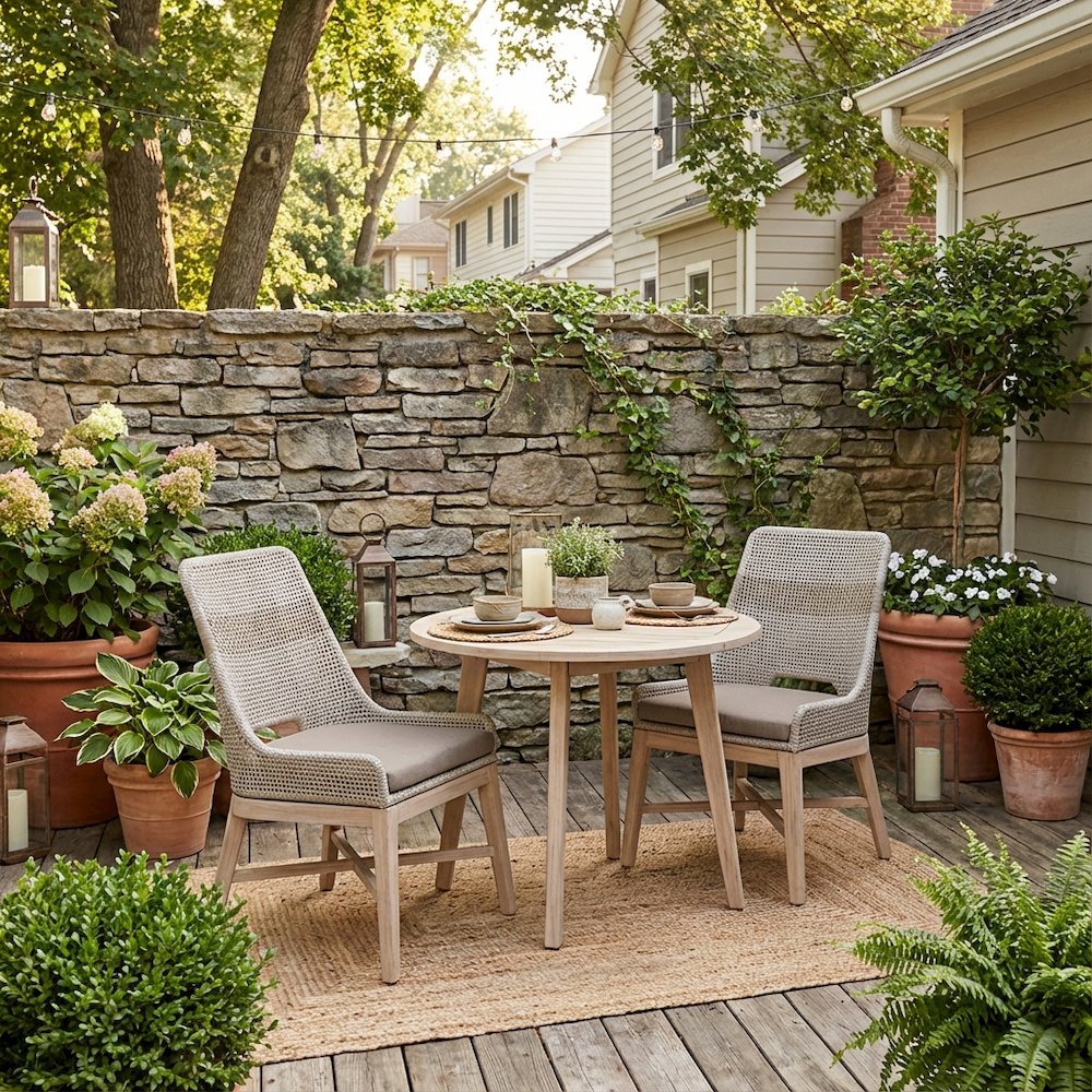 White Outdoor Dining Chair 2-Piece Set, Teak Base, Rope Pattern, X Base