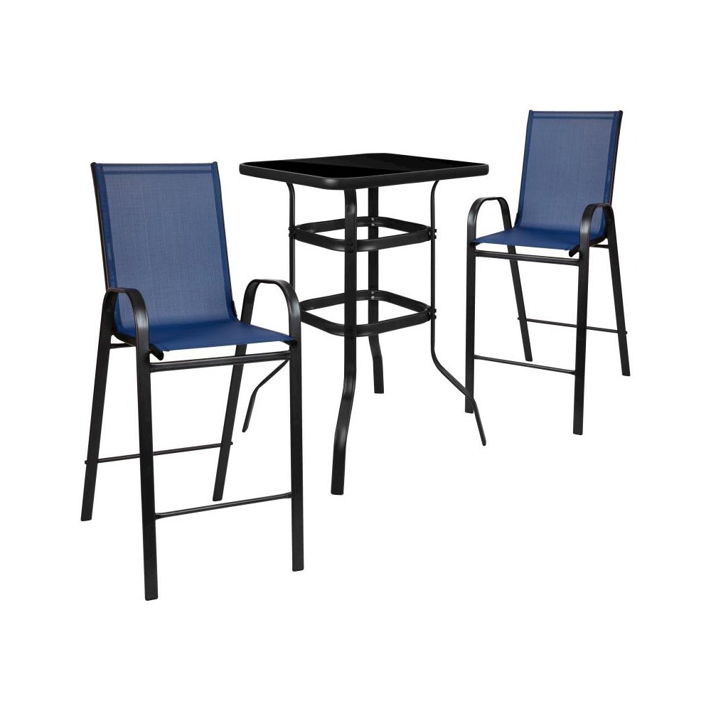 Outdoor Dining Set - 2-Person Bistro Set - Outdoor Glass Bar Table with Navy All-Weather Patio Stools