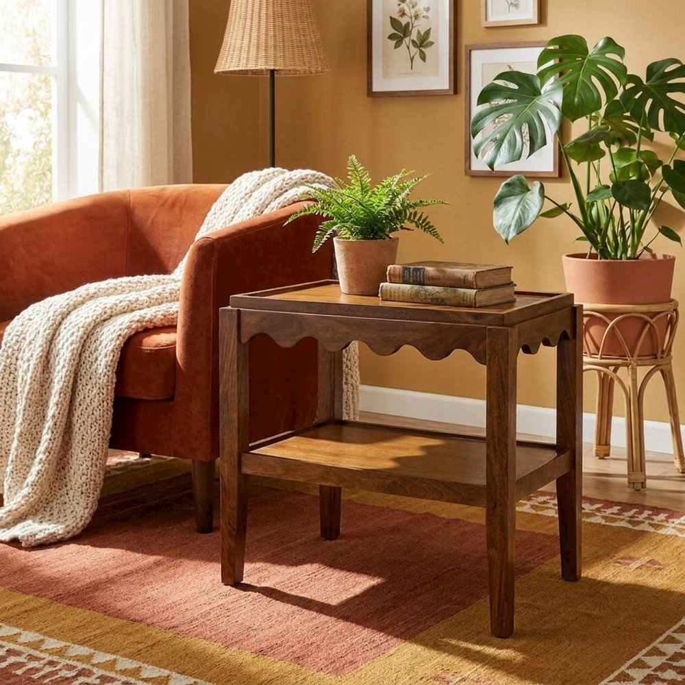 Rectangular Mango Wood End Table with Scalloped Edge and Lower Shelf, Chestnut