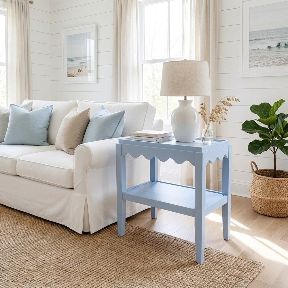 Rectangular Mango Wood End Table with Scalloped Edge and Lower Shelf, Light Blue