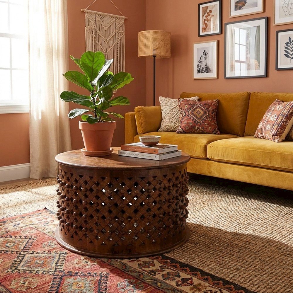Round Mango Wood Coffee Table with Hand-Carved Lattice-Weave Top, Chestnut
