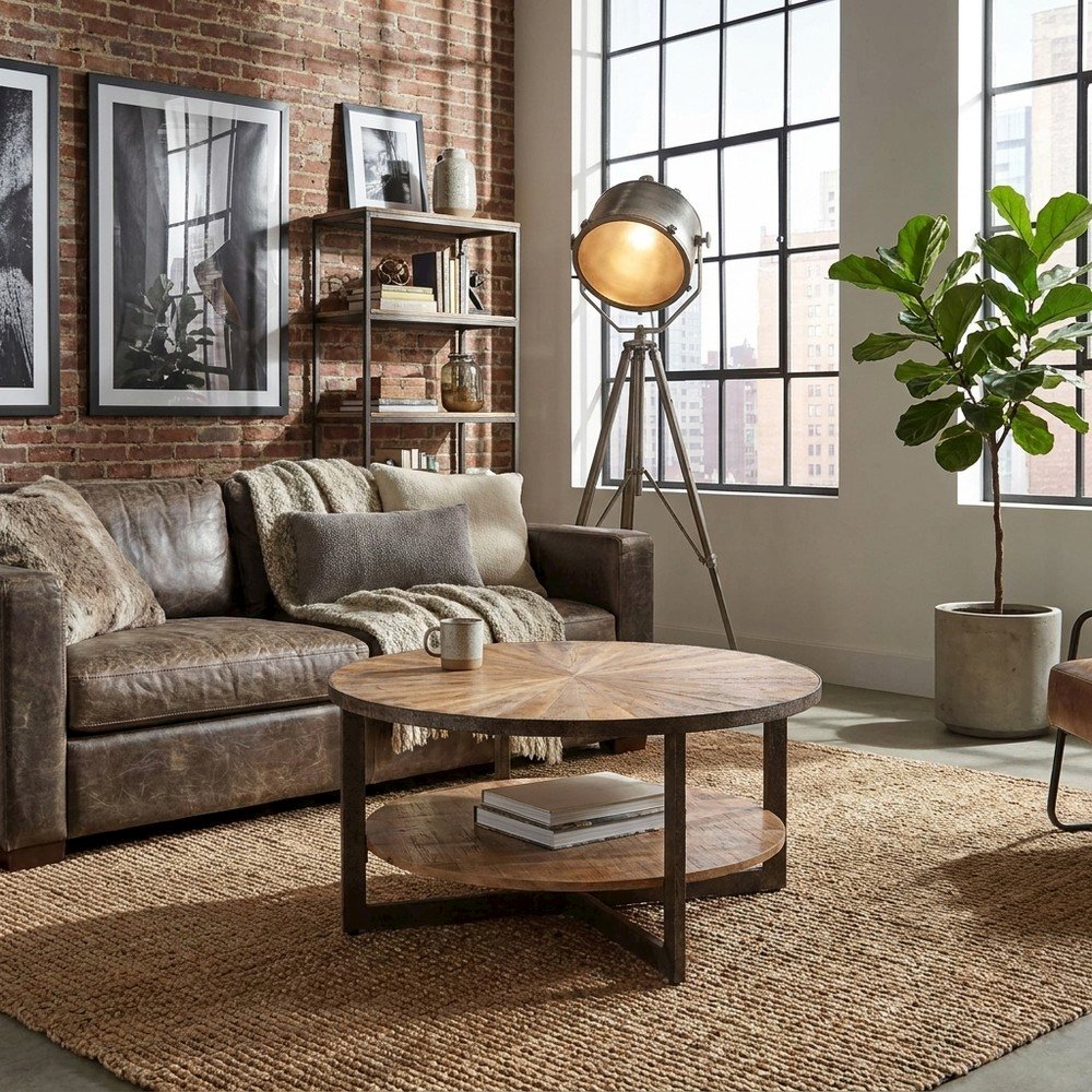 Mango Wood Round Coffee Table with Iron Base for Living Room, Natural, Aged Iron