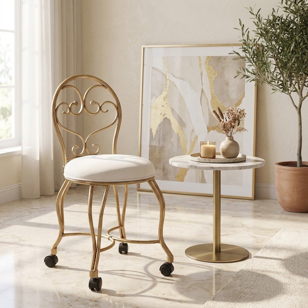 Micro Suede Vanity Stool with Hand-Painted Metal Frame and Casters, Bronze Cream
