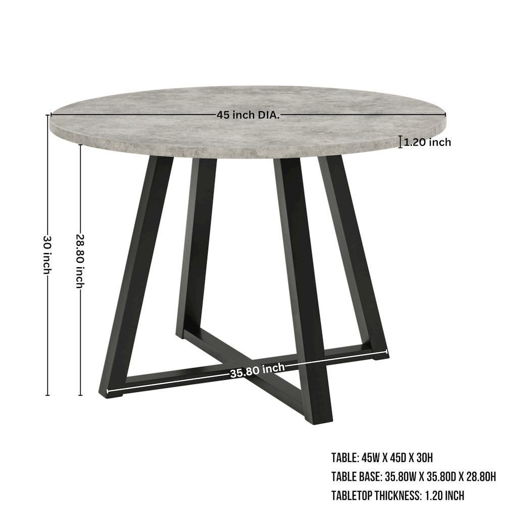 Endo Contemporary Round Dining Table, Trestle Base, Faux Concrete Gray
