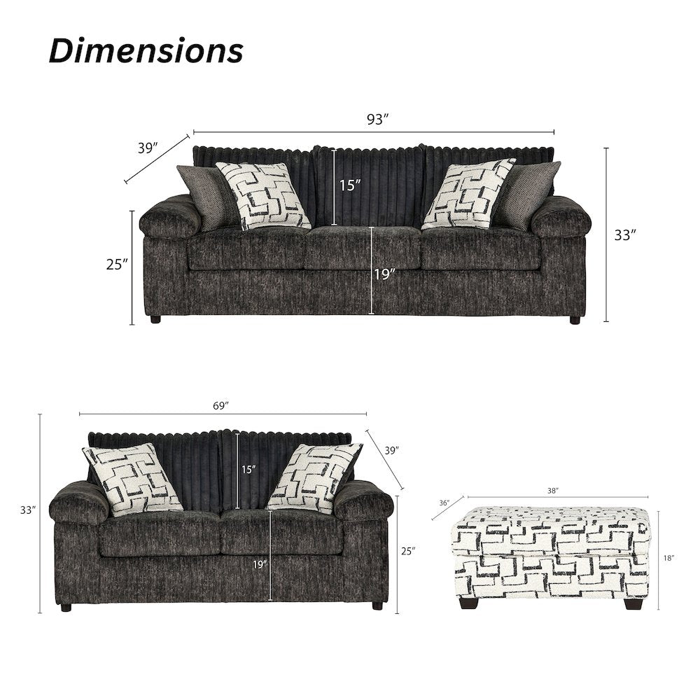 Nason Wide Wale Corduroy Sofa, Loveseat, and Ottoman Set, Charcoal