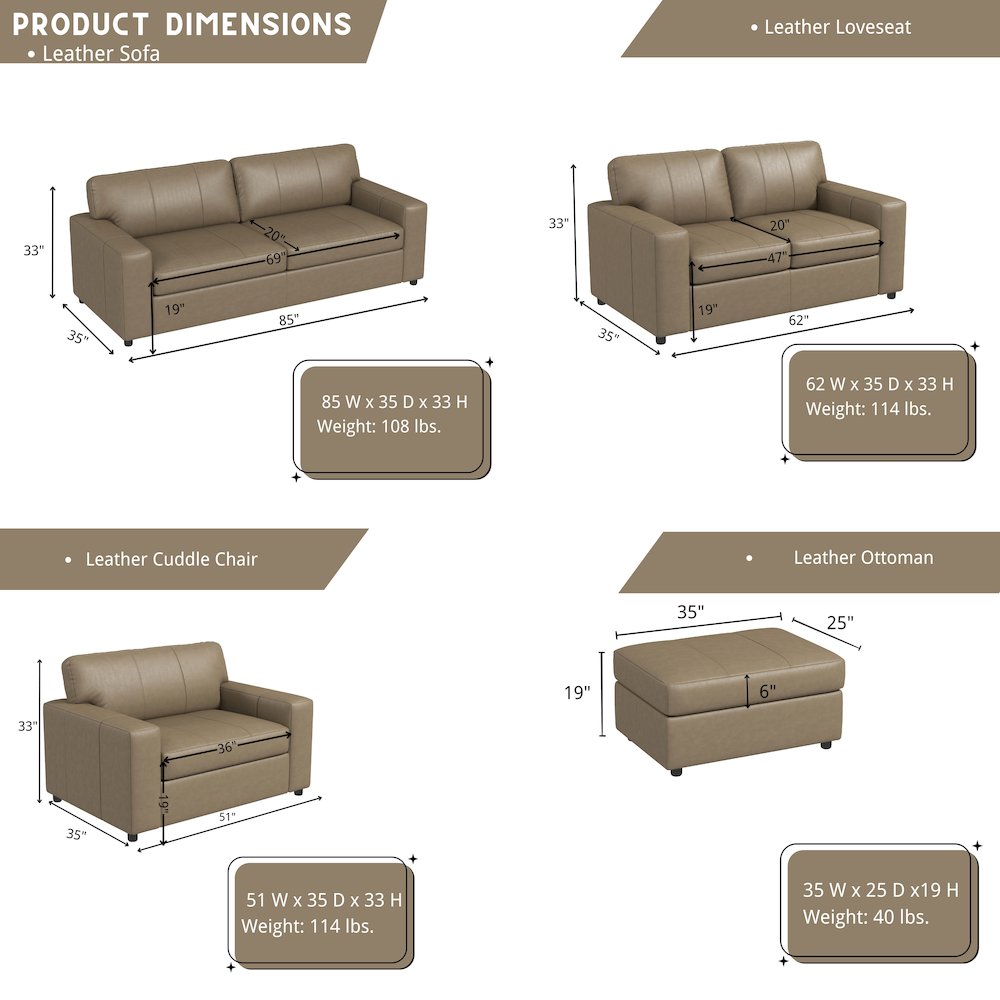 Sakan Leather 4-Pc Living Room Set, Sofa Loveseat, Chair and Ottoman, Beige