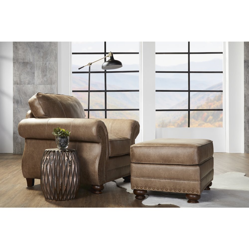 Leinster Faux Leather Ottoman with Antique Bronze Nailheads in Jetson Ginger