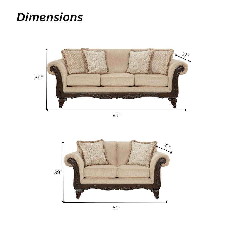 Hernen 2-Piece Living Room Set, Carved Wood Frame Sofa and Loveseat, Emma Wheat