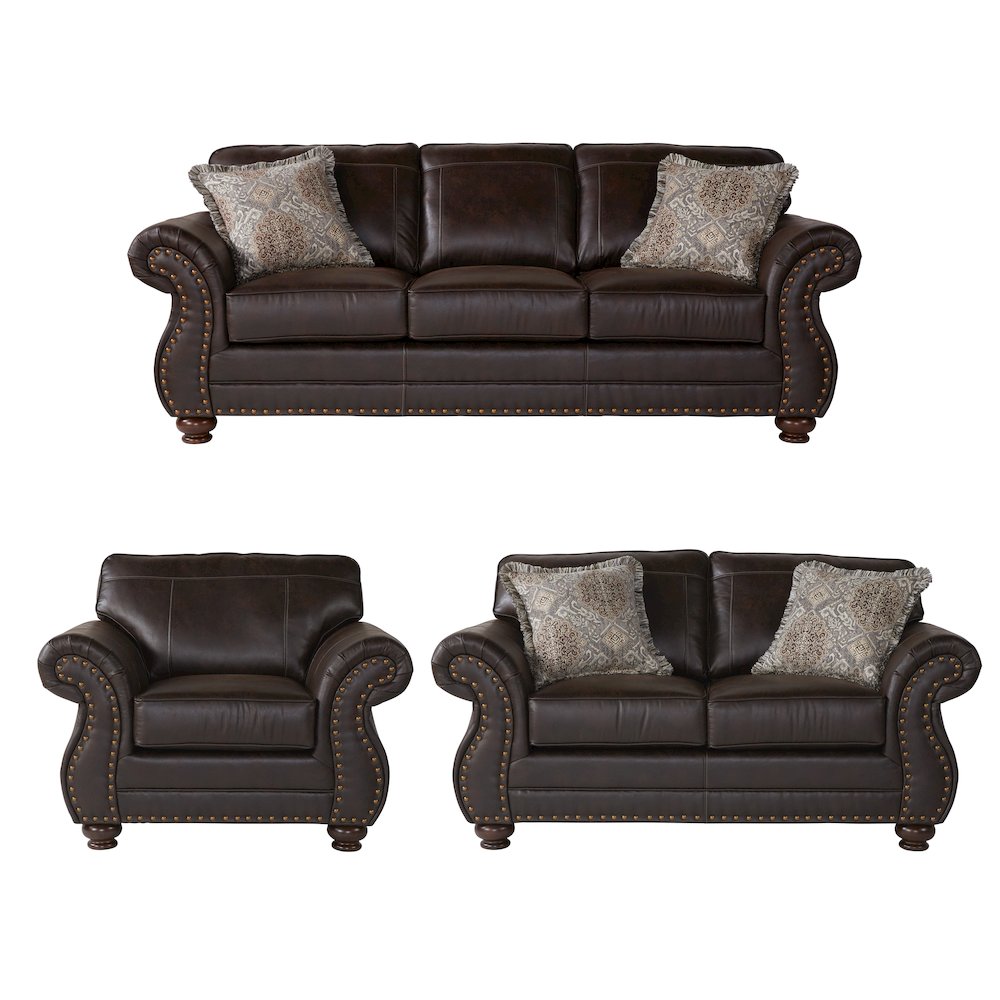 Leinster Faux Leather Nailhead Sofa, Loveseat, and Chair Set in Espresso