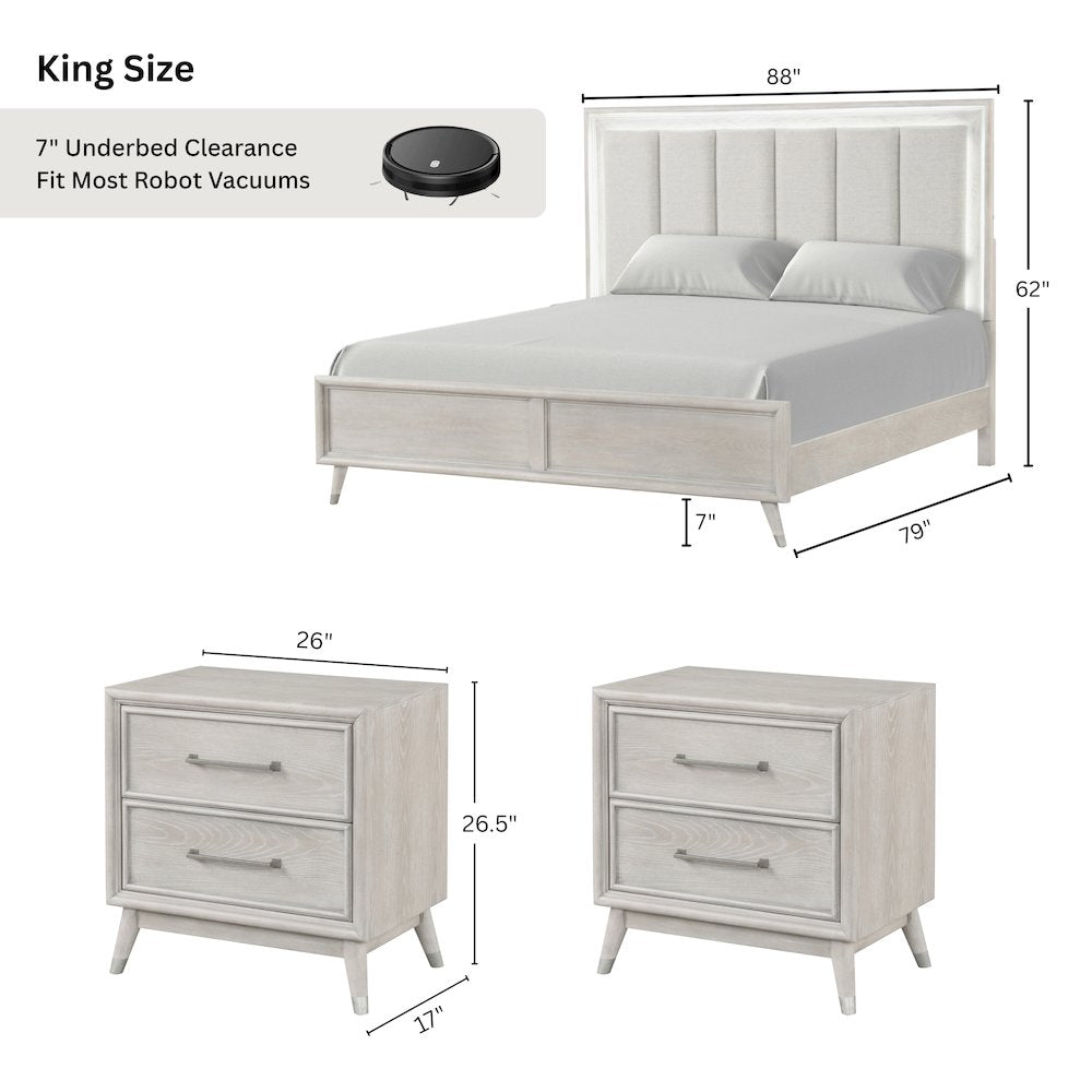 Seluna 3-Piece Bedroom Set with Touch LED Lighting, Gray Oak Finish, King