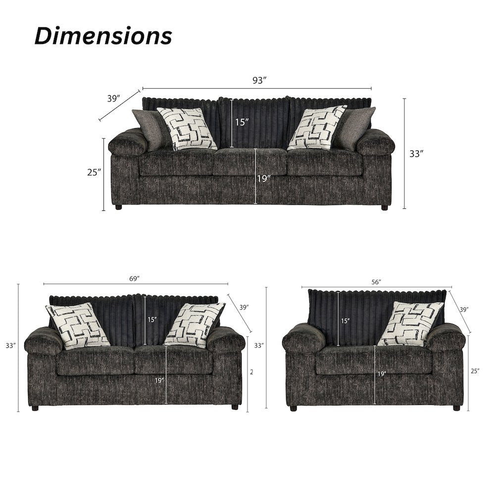 Nason Wide Wale Corduroy Sofa, Loveseat, and Cuddle Chair Set, Charcoal