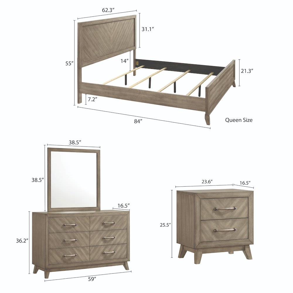 Wood Bedroom Set: Queen Bed, Dresser, Mirror, 2 Nightstands in Weathered Sand