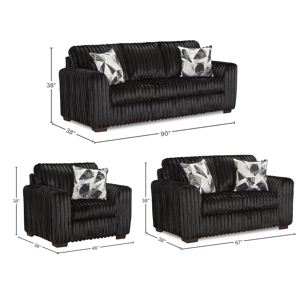 Nolan 3-Piece Living Room Set, Sofa Loveseat and Chair, Lush Black