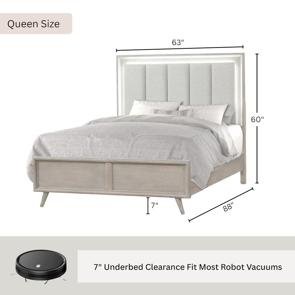 Seluna LED Lighting Panel Bed, Upholstered Headboard, Gray Oak Finish, Queen