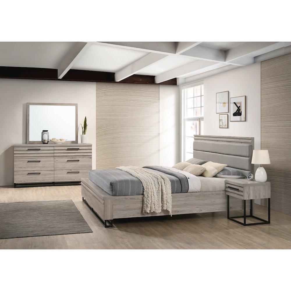 Panel Bed, Dresser, Mirror, and Nightstand, Weathered Gray, King