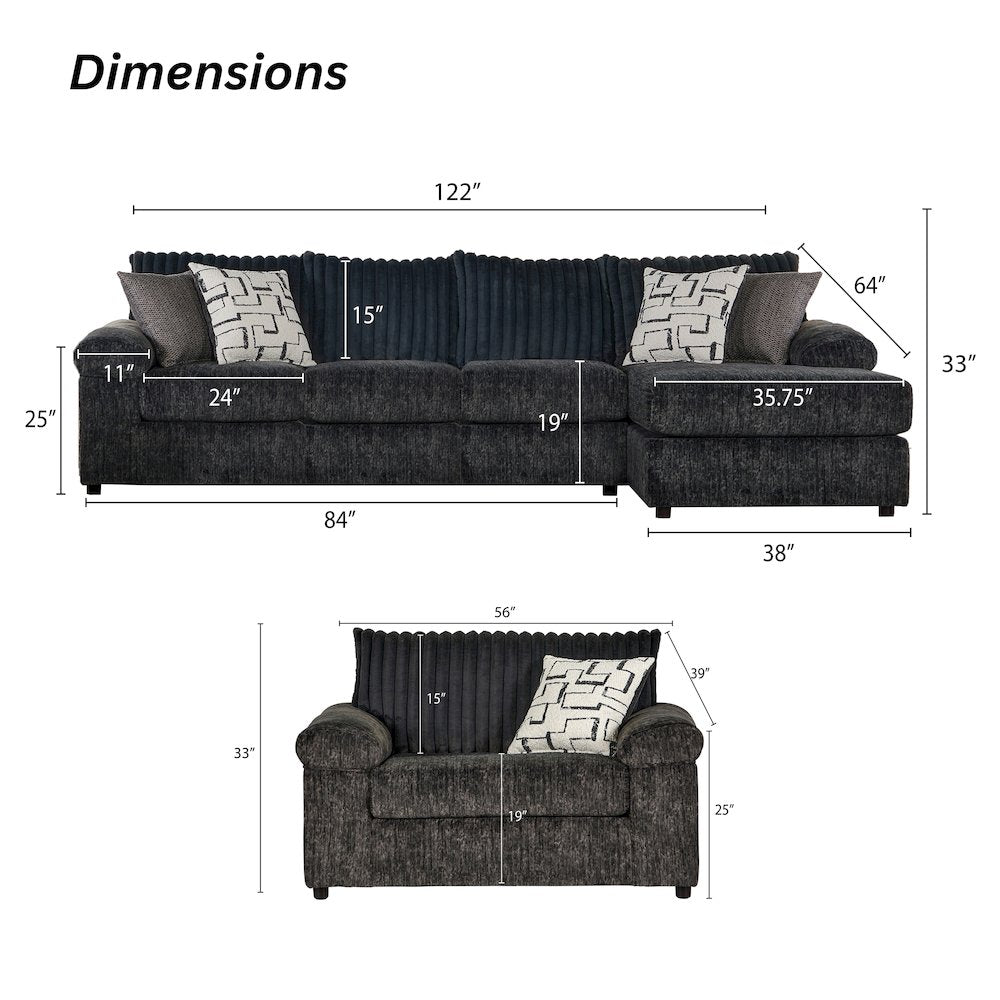 Nason Wide Wale Corduroy Sofa Chaise with Armchair, Charcoal