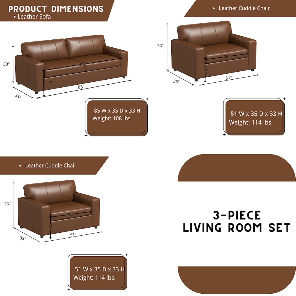 Sakan Leather Upholstered 3-Piece Living Room Set, Sofa and 2 Cutler Chairs