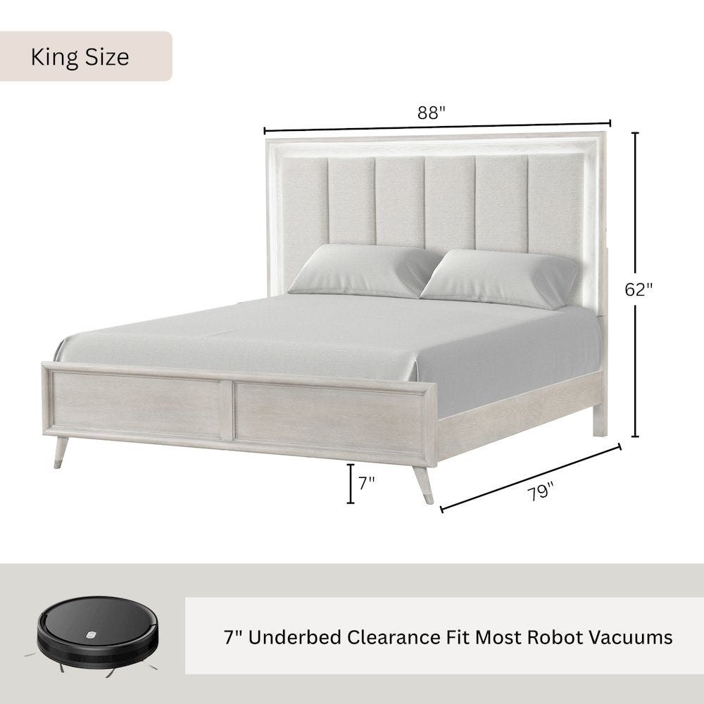 Seluna LED Lighting Panel Bed, Upholstered Headboard, Gray Oak Finish, King