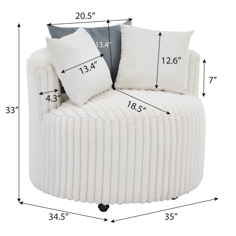 Malna Wide Wale Corduroy Upholstered Barrel Accent Chair with Wheels, Off-white