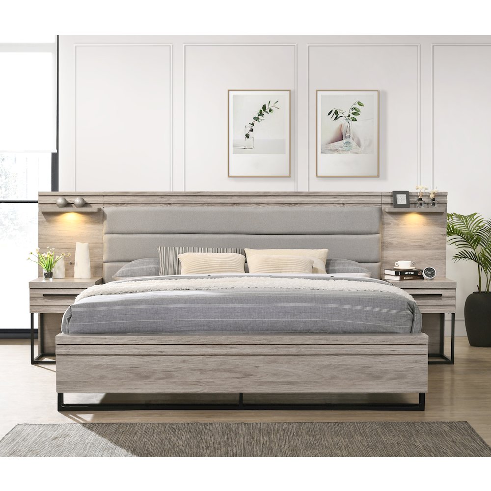 Wallbed Bed with White LED Lights, 2 Nightstands, Weathered Gray, King