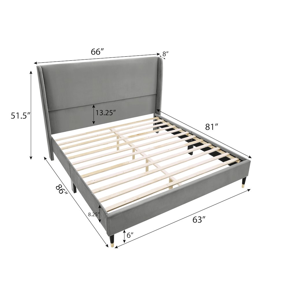 Rozitta Gray Velvet Wingback Platform Bed, Queen