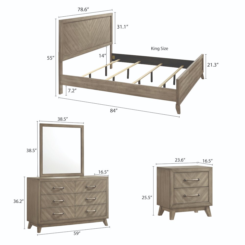 Wood Bedroom Set: King Bed, Dresser, Mirror, Nightstand in Weathered Sand