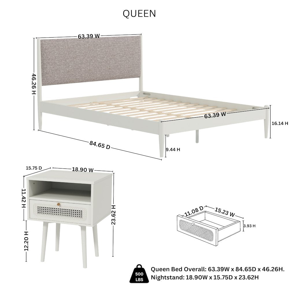 Feeney 3-Pc Bedroom Set, Platform Bed with Two Nightstands, Cream White, Queen