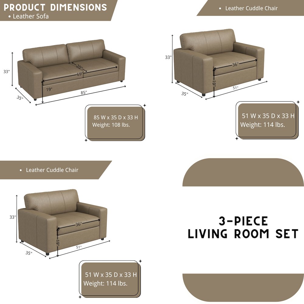 Sakan Leather Upholstered 3-Piece Living Room Set, Sofa and 2 Cutler Chairs