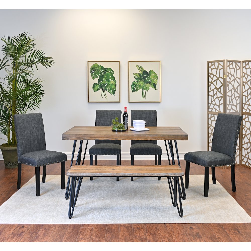 Amisos 6-Pc Dining Set, Hairpin Dining Table with 4 Chairs and Wood Bench, Gray