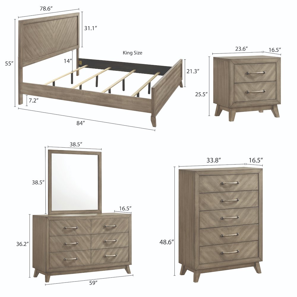 Bedroom Set: King Bed, Dresser, Mirror, 2 Nightstands, Chest in Weathered Sand